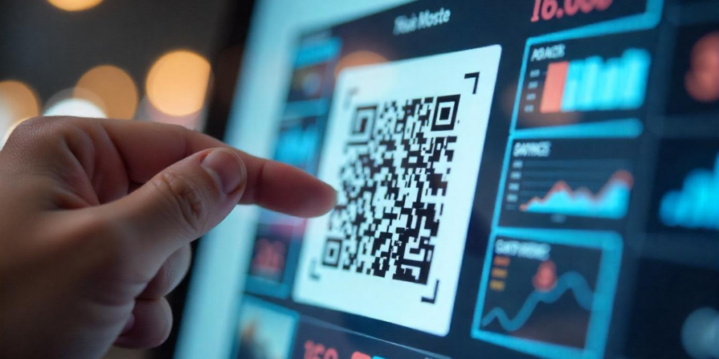 A UPI QR code sticker printed and placed at eye level on a shop wall with a "Scan Here" sign.