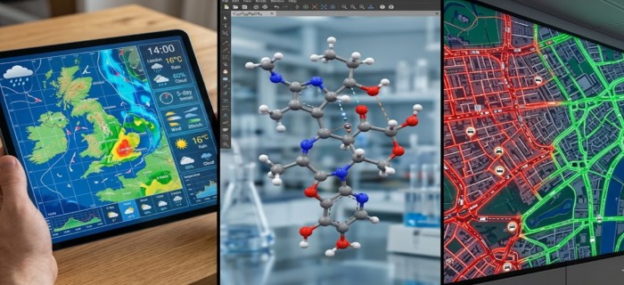 Graphic showing the practical advantages of quantum computing in medicine discovery, weather prediction, and logistics.